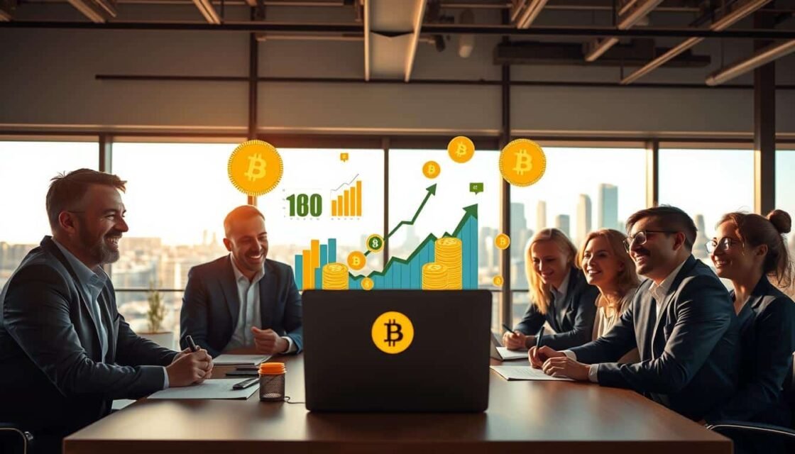 A modern workspace with a laptop displaying a Bitcoin wallet interface, surrounded by visually appealing charts and graphics symbolizing cryptocurrency rewards, like coins and arrows indicating growth. In the foreground, a diverse group of professionals in smart casual attire, engaged in discussion and analysis, with smiles indicating excitement about earning Bitcoin rewards easily. The middle ground features a large window with bright natural light illuminating the scene, casting soft shadows. The background shows a vibrant city skyline, hinting at the innovation of the digital economy. The overall mood is optimistic and energetic, embodying the theme of accessible financial opportunities without requiring an investment. The image captures both the technology and the human element of earning Bitcoin rewards.