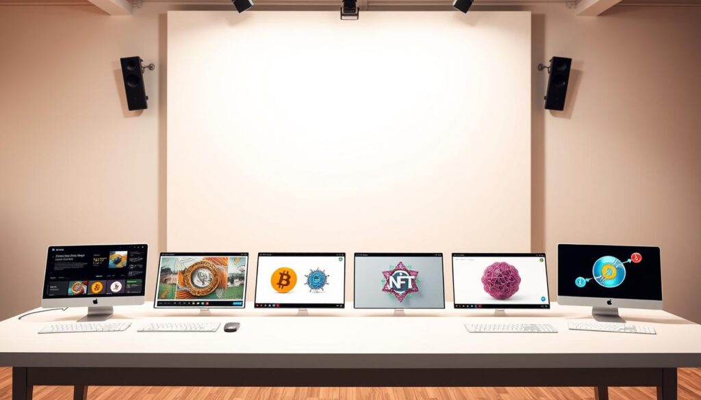 A neatly arranged table displays an in-depth comparison of leading AI-powered NFT generator tools. The foreground features sleek, minimalist interfaces showcasing their key features and capabilities. The middle ground presents side-by-side visualizations of the unique NFT artworks each tool can produce, ranging from abstract digital paintings to photorealistic 3D renders. The background depicts a clean, white studio setting with warm, natural lighting, creating a professional, authoritative atmosphere. The overall scene conveys a comprehensive, informative guide to the top AI NFT generation platforms, catering to both novice and experienced digital artists. A neatly arranged table displays an in-depth comparison of leading AI-powered NFT generator tools. The foreground features sleek, minimalist interfaces showcasing their key features and capabilities. The middle ground presents side-by-side visualizations of the unique NFT artworks each tool can produce, ranging from abstract digital paintings to photorealistic 3D renders. The background depicts a clean, white studio setting with warm, natural lighting, creating a professional, authoritative atmosphere. The overall scene conveys a comprehensive, informative guide to the top AI NFT generation platforms, catering to both novice and experienced digital artists.