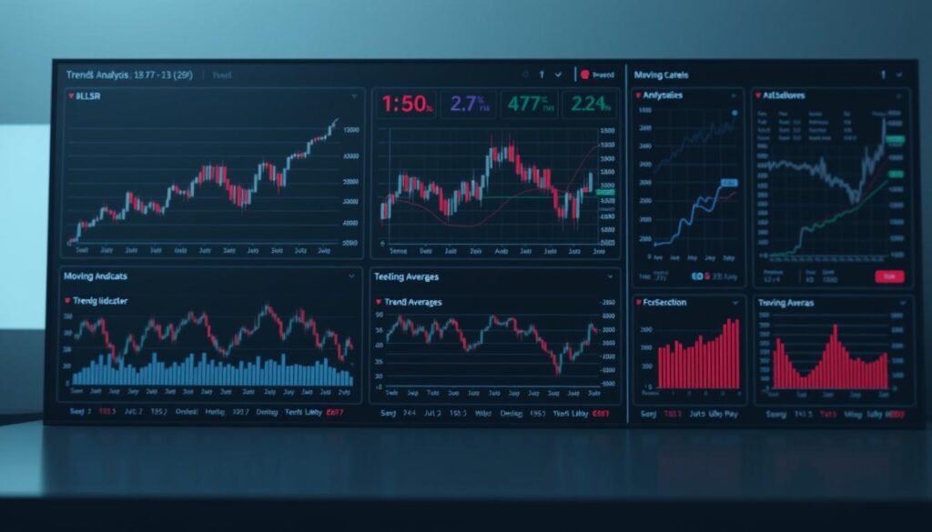 A neatly organized dashboard displaying various trend analysis methodologies, including line graphs, candlestick charts, moving averages, and technical indicators. The dashboard is rendered in a minimalist, data-driven style with a sleek, modern aesthetic. The lighting is soft and diffused, creating a sense of depth and clarity. The camera angle is slightly elevated, providing a comprehensive overview of the analytical tools. The overall mood is professional, analytical, and focused on data-driven decision making.