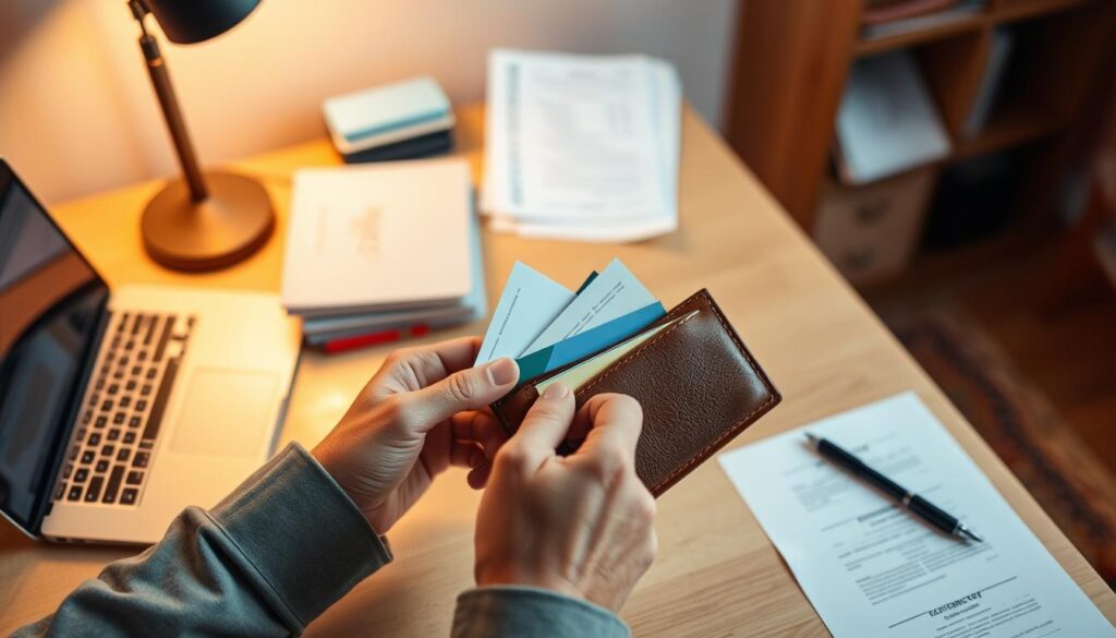 A neatly organized desk in a cozy home office, the desktop illuminated by warm, diffused lighting. On the surface, a laptop, a stack of documents, and a person's hands carefully going through the contents of a well-worn leather wallet, meticulously examining each item. The overall atmosphere is one of focused attention and diligent preparation, conveying the importance of thoroughly auditing one's financial information before a security assessment.