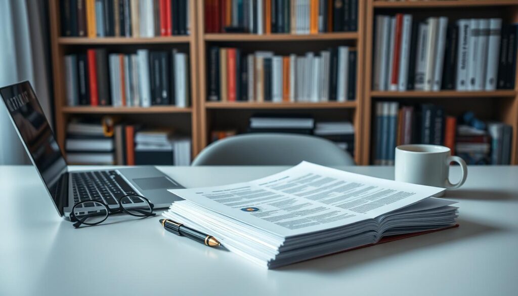 A neatly organized desk with a laptop, a stack of paper documents, and a pair of reading glasses. Soft, diffused lighting creates a focused, contemplative atmosphere. In the background, a bookshelf filled with reference materials on cryptocurrency and blockchain technology. The desk surface is clean, with a pen and a mug of hot beverage, setting the stage for an in-depth analysis of a cryptocurrency whitepaper. The overall scene conveys a sense of diligent preparation and a dedication to understanding the technical details of the project.