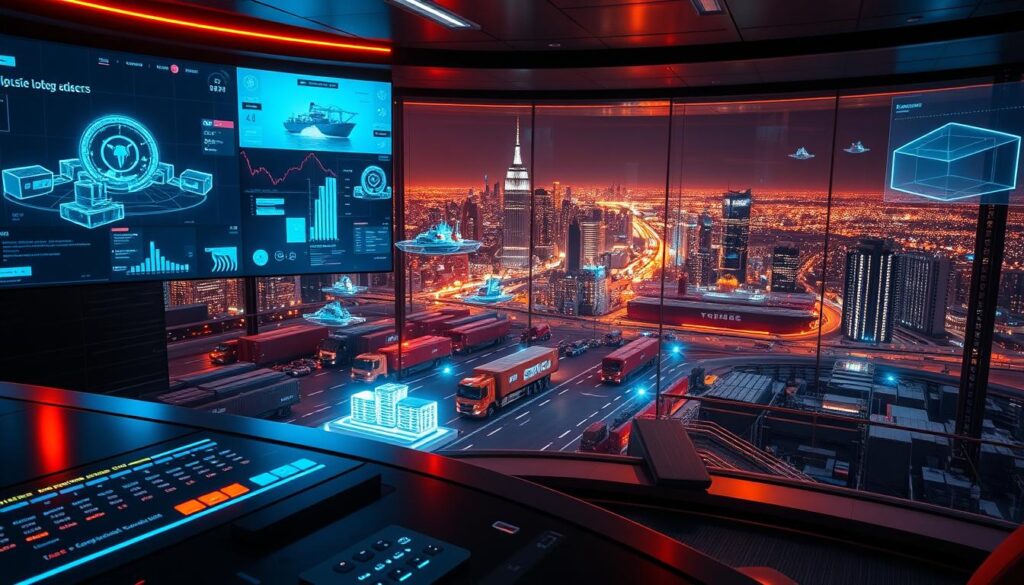A neon-lit control room with multiple holographic displays showcasing real-time shipping data. In the foreground, a sleek control panel with touch-sensitive controls and a panoramic view of a bustling logistics hub. The middle ground features floating 3D models of cargo containers, ships, and trucks, their movements tracked by lines of light. In the background, a large window reveals a nighttime cityscape, its skyscrapers and streets illuminated by a grid of glowing blockchain nodes. Warm lighting accentuates the futuristic, high-tech atmosphere, while subtle holograms and floating UI elements convey the seamless integration of data and logistics.