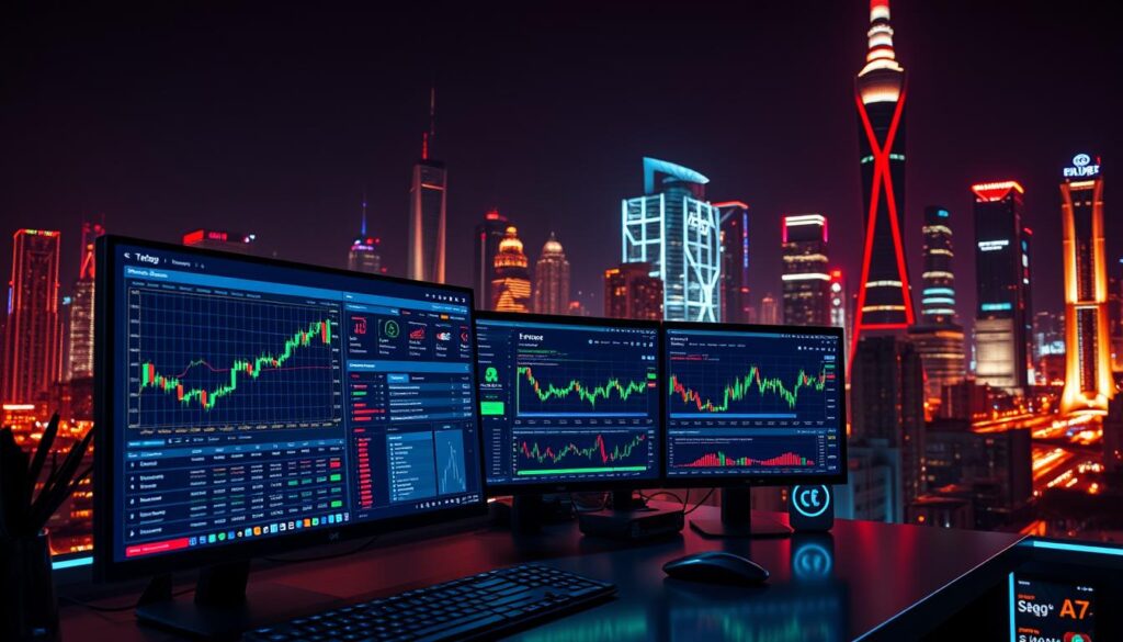 A neon-lit workspace with a sleek desktop computer, multiple monitors displaying financial charts and data, and an array of trading tools and APIs seamlessly integrated. The foreground showcases a digital trading dashboard, its intuitive interface allowing for smooth navigation and real-time analysis. In the middle ground, a set of advanced charting tools and customizable indicators provide deep insights into market trends. The background is a futuristic cityscape, with skyscrapers and infrastructure glowing in the night, reflecting the dynamic and technologically advanced nature of the modern financial world.