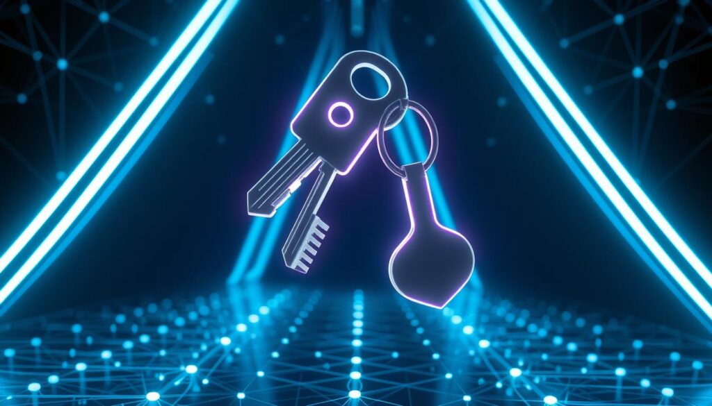 A pair of asymmetric cryptography keys floating in a dimly lit, futuristic digital realm. The private key, a sleek, angular form, hovers above the public key, a more organic, curved shape. Beams of neon-like light emanate from the keys, casting an ethereal glow across the scene. The background is a matrix of interconnected nodes and lines, representing the complex network of blockchain technology. The lighting is dramatic, with shadows and highlights accentuating the depth and dimensionality of the keys. The overall atmosphere conveys a sense of power, security, and the underlying complexity of the cryptographic foundations that secure blockchain networks. A pair of asymmetric cryptography keys floating in a dimly lit, futuristic digital realm. The private key, a sleek, angular form, hovers above the public key, a more organic, curved shape. Beams of neon-like light emanate from the keys, casting an ethereal glow across the scene. The background is a matrix of interconnected nodes and lines, representing the complex network of blockchain technology. The lighting is dramatic, with shadows and highlights accentuating the depth and dimensionality of the keys. The overall atmosphere conveys a sense of power, security, and the underlying complexity of the cryptographic foundations that secure blockchain networks.