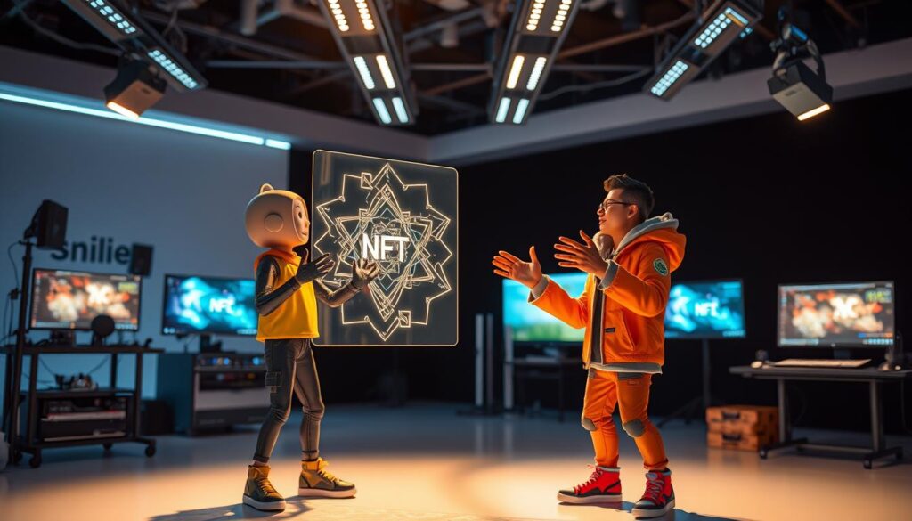 A pair of digital content creators collaborating on an NFT project. In the foreground, two stylized human figures dressed in vibrant, futuristic attire are gesturing animatedly, engaged in a lively discussion. The middle ground features a floating, holographic projection of an intricate, abstract NFT design, casting an ethereal glow. The background is a sleek, minimalist studio space, with high-tech equipment and screens displaying visual assets. Dramatic cinematic lighting illuminates the scene, creating a sense of energy and innovation. The overall mood conveys the excitement and creativity of the NFT creator community.