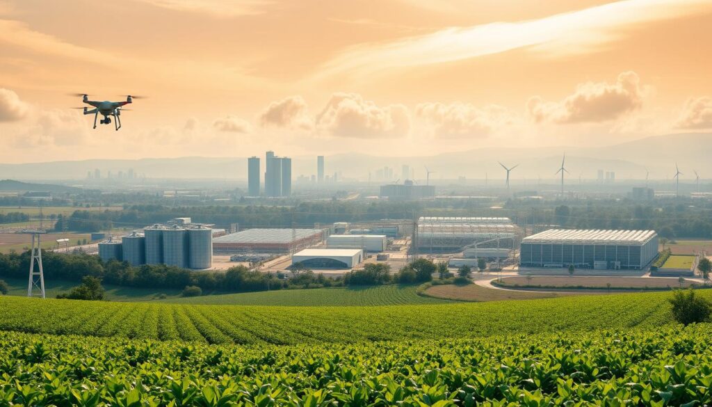 A panoramic landscape depicting the future of blockchain technology in global agriculture. In the foreground, a lush field of crops with sensors and drones monitoring soil health and crop yield. In the middle ground, a network of interconnected silos and storage facilities, their transactions secured on a distributed ledger. In the background, a skyline of modern urban centers, with towering vertical farms and smart greenhouses powered by renewable energy. Bright sunlight filters through wispy clouds, casting warm shadows across the scene. The overall mood is one of optimism and technological advancement, hinting at the transformative potential of blockchain in revolutionizing agricultural supply chains worldwide.