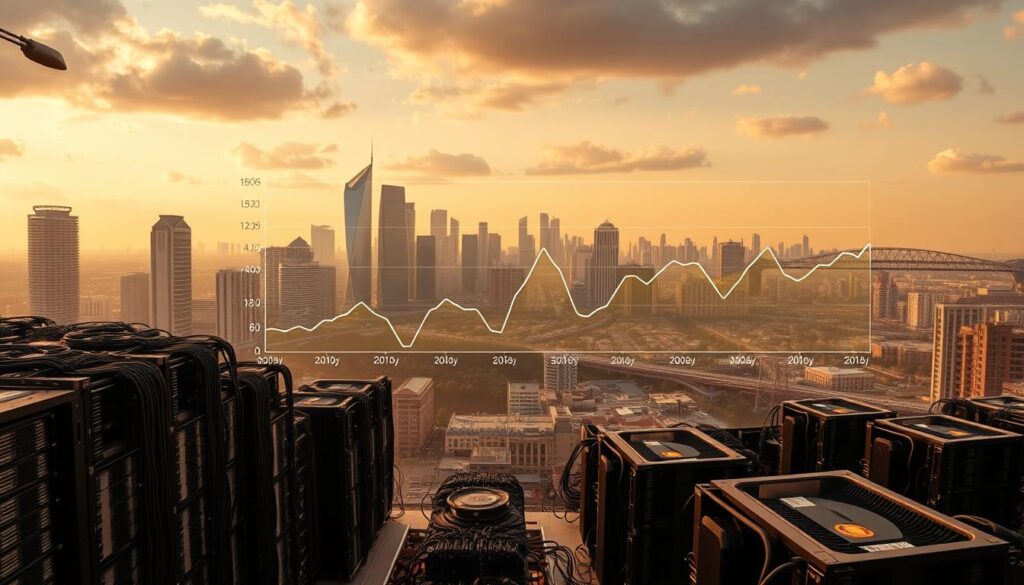 A panoramic landscape showcasing the seasonal fluctuations in bitcoin mining hash rate. In the foreground, a vast mining facility with state-of-the-art rigs hums with activity, their cooling fans casting a soft glow. The middle ground depicts a chart tracking the hash rate over time, with distinct peaks and valleys corresponding to shifts in market dynamics and mining profitability. In the background, a cityscape with towering skyscrapers symbolizes the global reach and interconnectedness of the cryptocurrency ecosystem. The scene is bathed in a warm, golden light, creating an atmosphere of technological innovation and economic vitality.