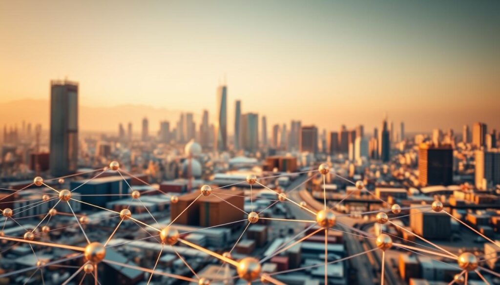 A panoramic scene of blockchain technology in action. In the foreground, a network of interconnected nodes and smart contracts executing seamless transactions. In the middle ground, real-world applications come to life - supply chain logistics, cross-border payments, digital identity management. In the background, a cityscape of skyscrapers and infrastructure, symbolizing the integration of blockchain into the fabric of modern enterprise. Warm, golden lighting casts a futuristic glow, while a shallow depth of field keeps the focus on the core blockchain elements. Rendered with a sense of dynamism and progress, capturing the transformative potential of this revolutionary technology. A panoramic scene of blockchain technology in action. In the foreground, a network of interconnected nodes and smart contracts executing seamless transactions. In the middle ground, real-world applications come to life - supply chain logistics, cross-border payments, digital identity management. In the background, a cityscape of skyscrapers and infrastructure, symbolizing the integration of blockchain into the fabric of modern enterprise. Warm, golden lighting casts a futuristic glow, while a shallow depth of field keeps the focus on the core blockchain elements. Rendered with a sense of dynamism and progress, capturing the transformative potential of this revolutionary technology.