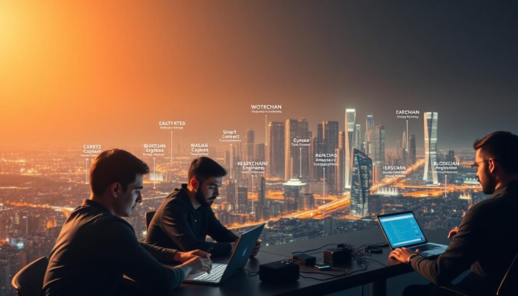 A panoramic view of a blockchain development career landscape, illuminated by a warm, golden light. In the foreground, a group of blockchain developers collaborating on a decentralized application, their faces lit with focus and determination. In the middle ground, diverse career paths branch out, from blockchain architect and smart contract engineer to cryptocurrency trader and blockchain analyst. In the background, a cityscape of gleaming skyscrapers, symbolizing the thriving blockchain ecosystem. The scene conveys a sense of dynamism, innovation, and the vast potential of blockchain technology to transform industries and create new opportunities for skilled professionals. A panoramic view of a blockchain development career landscape, illuminated by a warm, golden light. In the foreground, a group of blockchain developers collaborating on a decentralized application, their faces lit with focus and determination. In the middle ground, diverse career paths branch out, from blockchain architect and smart contract engineer to cryptocurrency trader and blockchain analyst. In the background, a cityscape of gleaming skyscrapers, symbolizing the thriving blockchain ecosystem. The scene conveys a sense of dynamism, innovation, and the vast potential of blockchain technology to transform industries and create new opportunities for skilled professionals.