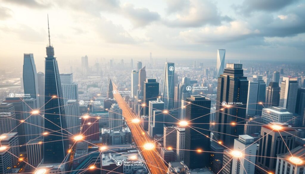 A panoramic view of a bustling city skyline, with towering skyscrapers and modern architectural marvels. In the foreground, a network of interconnected nodes and digital pathways, representing the underlying blockchain infrastructure powering real-world applications. Holographic displays showcase various use cases, from secure supply chain management and decentralized finance to smart contract-enabled transactions and cross-border payments. The scene is illuminated by a warm, diffused lighting, creating a sense of technological sophistication and innovation. The overall atmosphere conveys the transformative impact of blockchain technology on industries and everyday life. A panoramic view of a bustling city skyline, with towering skyscrapers and modern architectural marvels. In the foreground, a network of interconnected nodes and digital pathways, representing the underlying blockchain infrastructure powering real-world applications. Holographic displays showcase various use cases, from secure supply chain management and decentralized finance to smart contract-enabled transactions and cross-border payments. The scene is illuminated by a warm, diffused lighting, creating a sense of technological sophistication and innovation. The overall atmosphere conveys the transformative impact of blockchain technology on industries and everyday life.