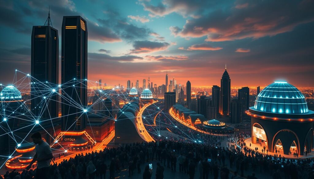 A panoramic view of a futuristic cityscape, with towering skyscrapers and gleaming domes representing decentralized storage hubs. In the foreground, a holographic data stream flows, visualizing the intricate connections and data flows of a decentralized storage network. The middle ground features a bustling crowd of people, their devices seamlessly integrating with the decentralized infrastructure. The background depicts a vibrant night sky, with a futuristic, minimalist user interface overlaying the scene, showcasing market insights and trends in the decentralized storage landscape. Warm, neon-tinged lighting creates an immersive, technology-driven atmosphere. A panoramic view of a futuristic cityscape, with towering skyscrapers and gleaming domes representing decentralized storage hubs. In the foreground, a holographic data stream flows, visualizing the intricate connections and data flows of a decentralized storage network. The middle ground features a bustling crowd of people, their devices seamlessly integrating with the decentralized infrastructure. The background depicts a vibrant night sky, with a futuristic, minimalist user interface overlaying the scene, showcasing market insights and trends in the decentralized storage landscape. Warm, neon-tinged lighting creates an immersive, technology-driven atmosphere.