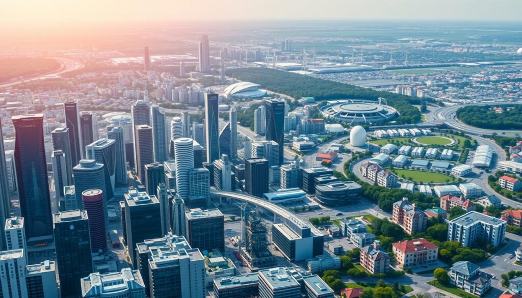 A panoramic view of a futuristic cityscape, with various industries represented by their distinctive architectural styles and technologies. In the foreground, a bustling financial district with towering skyscrapers and a network of floating holographic displays showcasing financial data and transactions. In the middle ground, a sprawling manufacturing hub with automated assembly lines and robotic workers, alongside a thriving healthcare sector with advanced medical facilities. In the background, a lush green area with smart homes and renewable energy infrastructure, representing the sustainability and technology integration across diverse industries. The scene is illuminated by a warm, diffused lighting, creating a harmonious and innovative atmosphere, reflecting the wide-ranging applications of tokenization across the economic landscape.