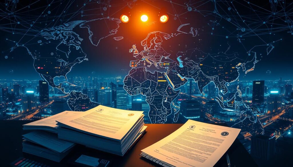 A panoramic view of a global financial landscape, with intricate webs of data streams and digital currencies flowing across borders. In the foreground, a series of official-looking documents and regulatory frameworks, illuminated by the warm glow of overhead spotlights. The middle ground features a mosaic of national flags, symbolizing the diverse regulatory landscape. In the background, a cityscape of gleaming skyscrapers and bustling streets, reflecting the international nature of the cryptocurrency market. The scene is bathed in a cool, technocratic hue, conveying the complex, ever-evolving nature of global cryptocurrency regulations.
