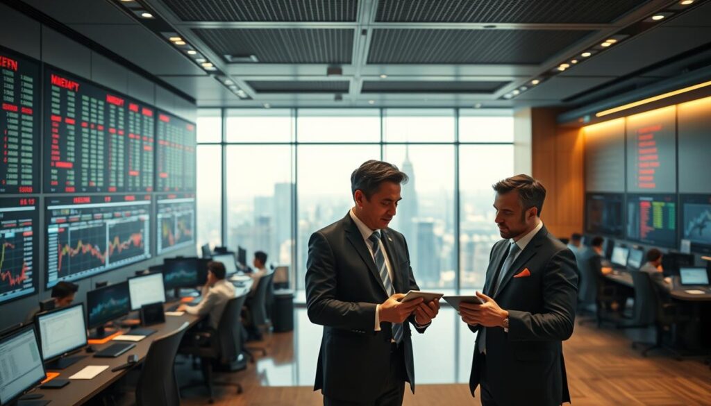 A panoramic view of a modern financial institution's trading floor, with rows of monitors and analysts intently studying cryptocurrency market data. Subtle ambient lighting casts a warm glow, while the large windows overlook a bustling cityscape. In the foreground, a group of executives in tailored suits confer over a tablet, discussing the latest institutional investment trends in the rapidly evolving digital asset space. The atmosphere conveys a sense of focused intensity, as the team navigates the complexities of integrating cryptocurrencies into their portfolio strategies.