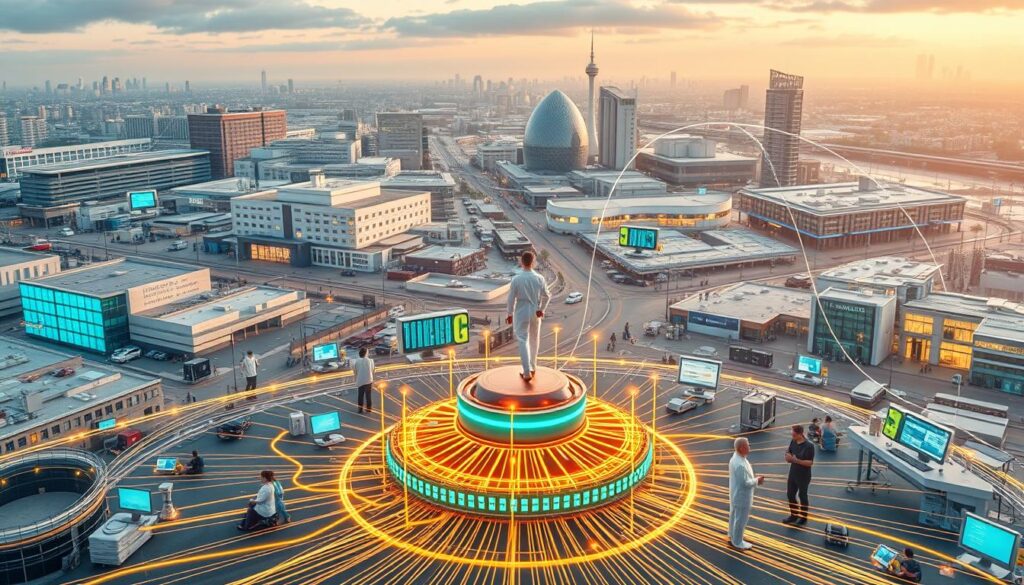 A panoramic view of a modern healthcare data integration ecosystem. In the foreground, a central data hub with various input streams, including electronic medical records, medical imaging, patient-generated data, and clinical trial information. The hub is depicted as an intricate network of interconnected nodes and data pipelines, reflecting the complexity of integrating diverse data sources. In the middle ground, healthcare providers, researchers, and patients interact with the data hub, accessing and analyzing the integrated information through intuitive dashboards and visualization tools. The background showcases a cityscape of hospitals, research facilities, and connected medical devices, all working in harmony to enable seamless data exchange and improved patient outcomes. The scene is illuminated by a warm, diffused lighting, creating a sense of collaboration and innovation within the healthcare domain.