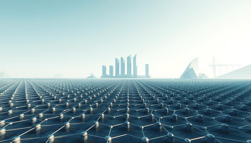 A panoramic view of a sleek, modern blockchain technology overview. In the foreground, a grid of interconnected hexagonal nodes represents the decentralized network. Soft, ambient lighting casts long shadows, creating a sense of depth and structure. In the middle ground, a cluster of futuristic data towers stands tall, their sleek facades reflecting the nodes. The background is a minimalist landscape of geometric shapes and clean lines, conveying the technical sophistication of the blockchain system. The overall atmosphere is one of innovation, efficiency, and the seamless integration of technology and infrastructure.