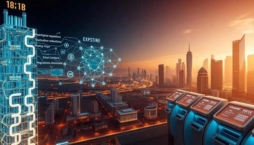 A panoramic view of the future financial landscape, bathed in a warm, futuristic glow. In the foreground, a towering blockchain ledger, its cryptographic chains glowing with digital energy. Surrounding it, a holographic display showcases financial regulations and compliance protocols, their intricate web casting an ethereal light. In the middle ground, sleek, streamlined banking terminals, their touchscreens reflecting the ever-evolving payment systems. In the distance, a cityscape of towering skyscrapers, their facades adorned with futuristic iconography, hinting at the technological advancements transforming the industry. The overall atmosphere conveys a sense of progress, innovation, and the delicate balance between financial freedom and regulatory oversight.