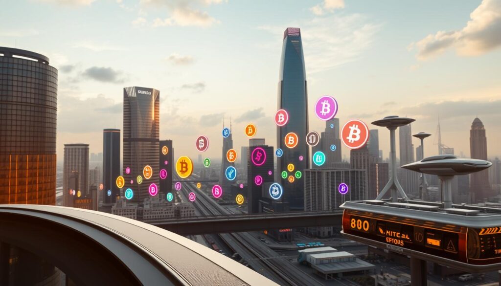 A panoramic view of the historical evolution of digital tokens, captured in a cinematic style. In the foreground, a timeline unfolds, showcasing the progression of blockchain technology and the emergence of early cryptocurrencies like Bitcoin. In the middle ground, an array of vibrant, holographic token designs float and interact, representing the diversity of digital assets. In the background, a futuristic cityscape of gleaming skyscrapers and hovering transport serves as a backdrop, suggesting the integration of these innovations into the urban landscape. The scene is bathed in a warm, golden light, conveying a sense of progress and innovation. A panoramic view of the historical evolution of digital tokens, captured in a cinematic style. In the foreground, a timeline unfolds, showcasing the progression of blockchain technology and the emergence of early cryptocurrencies like Bitcoin. In the middle ground, an array of vibrant, holographic token designs float and interact, representing the diversity of digital assets. In the background, a futuristic cityscape of gleaming skyscrapers and hovering transport serves as a backdrop, suggesting the integration of these innovations into the urban landscape. The scene is bathed in a warm, golden light, conveying a sense of progress and innovation.