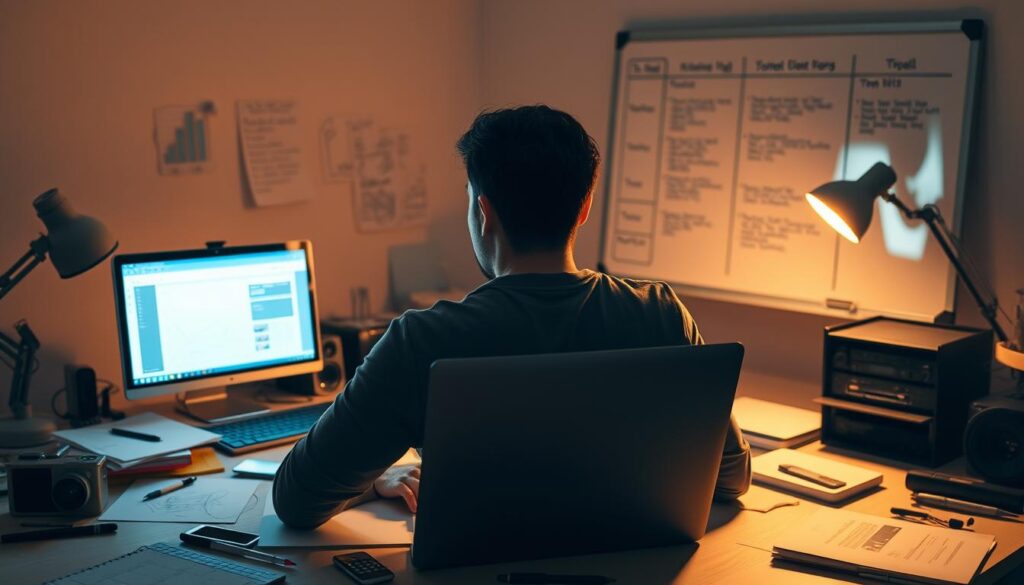 A person sits at a desk, intently focused on a laptop screen, surrounded by a cluttered workspace of notes, sketches, and digital devices. Warm lighting casts a soft glow, creating an atmosphere of contemplation and preparation. In the background, a whiteboard displays a timeline and to-do list, hinting at the strategic planning underway. The scene conveys a sense of determination and diligence as the individual navigates the complex journey of an upcoming NFT presale.