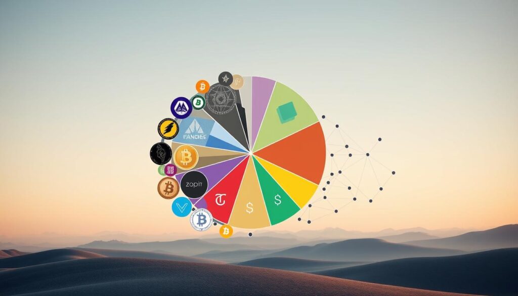 A portfolio of diverse cryptocurrency assets, represented by a mosaic of geometric shapes, each reflecting its own unique price movement and risk profile. The foreground features a central pie chart, its slices meticulously arranged to illustrate the optimal allocation strategy. The middle ground showcases a network of interconnected lines, visualizing the complex correlations between the assets. The background is a serene, minimalist landscape, with soft gradients and subtle textures, evoking a sense of balanced and thoughtful investment approach.