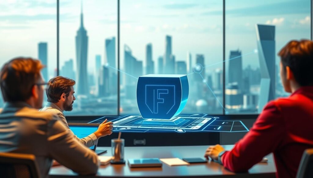 A practical guide on implementing a fractional NFT project. In the foreground, a group of people discussing blockchain technology and digital asset fractionalization over a virtual meeting. The middle ground features a 3D rendered model of a fractional NFT, showcasing its unique properties. In the background, a futuristic cityscape with skyscrapers and holographic displays, representing the cutting-edge technology powering this innovative project. The lighting is soft and warm, creating an atmosphere of collaborative innovation. The camera angle is slightly elevated, providing a comprehensive view of the scene. The overall mood is one of focused exploration and the transformative potential of fractional NFTs.