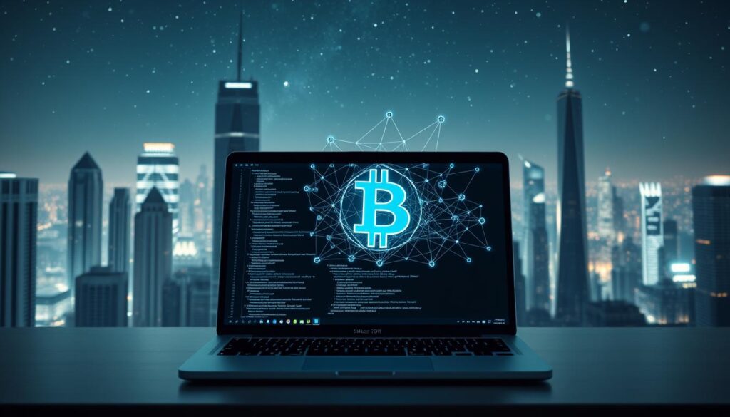 A pristine, high-resolution image of a technical deep dive into the world of Bitcoin and DeFi. In the foreground, a sleek, minimalist desktop with a laptop displaying complex blockchain visualizations and code snippets. In the middle ground, a holographic projection showcases the interconnected ecosystem of decentralized finance protocols. The background is a captivating cityscape, with towering skyscrapers and a starry night sky, symbolizing the global reach and technological prowess of the crypto industry. Soft, directional lighting illuminates the scene, creating a sense of depth and focus. The overall mood is one of innovation, curiosity, and the endless possibilities of decentralized finance.
