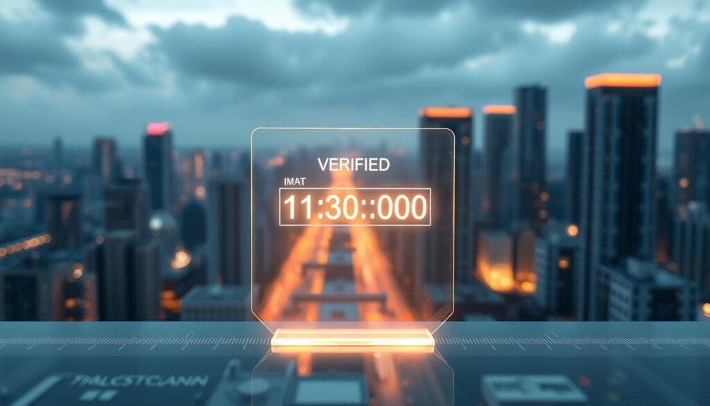 A pristine, sleek blockchain interface illuminating a verified timestamp, set against a backdrop of a futuristic cityscape. The foreground features a transparent, holographic blockchain ledger, its entries displayed in a clean, minimalist design. Soft, ambient lighting casts a warm glow, complementing the cool, metallic tones of the urban landscape in the distance. The overall composition conveys a sense of security, transparency, and the seamless integration of blockchain technology into the modern world. A pristine, sleek blockchain interface illuminating a verified timestamp, set against a backdrop of a futuristic cityscape. The foreground features a transparent, holographic blockchain ledger, its entries displayed in a clean, minimalist design. Soft, ambient lighting casts a warm glow, complementing the cool, metallic tones of the urban landscape in the distance. The overall composition conveys a sense of security, transparency, and the seamless integration of blockchain technology into the modern world.