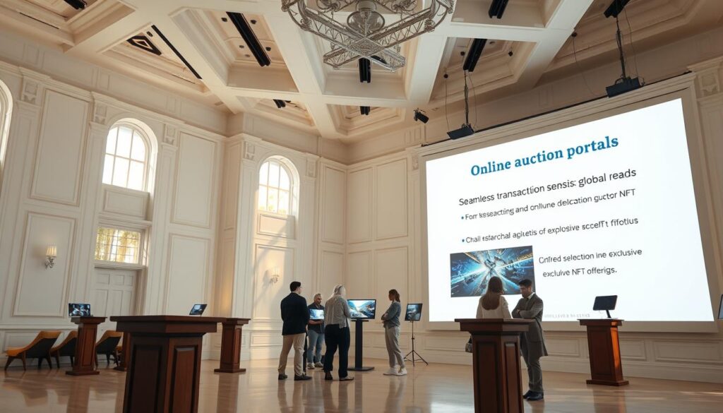 A pristine white auction house interior, bathed in warm, natural lighting that filters in through large windows. Elegant wooden podiums stand in the foreground, while in the middle ground, a group of potential bidders examine digital artworks displayed on sleek, high-resolution screens. The background features a towering digital projection screen, showcasing the benefits of online auction portals - seamless transactions, global reach, and a curated selection of exclusive NFT offerings. The atmosphere exudes a sense of excitement, professionalism, and the fusion of traditional auction traditions with cutting-edge digital technology.