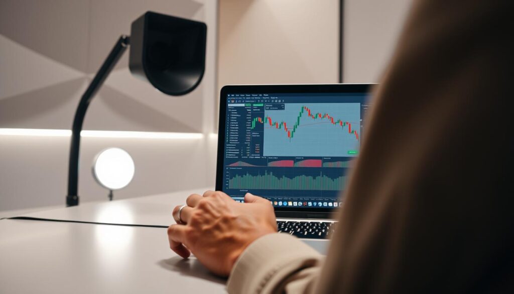 A professional algorithmic trader's workstation, focused on customizing Bollinger Band settings. In the foreground, a laptop displays a chart with adjustable Bollinger Band parameters. The trader's hand hovers over a mouse, precisely tweaking the upper and lower bands. Surrounding the workstation, a minimalist, tech-forward environment with muted tones and clean lines. Soft, diffused lighting illuminates the scene, creating a sense of focus and concentration. The overall mood is one of calculated analysis, with the Bollinger Bands as the central subject, conveying the importance of this technical indicator in the trader's cryptocurrency strategy.