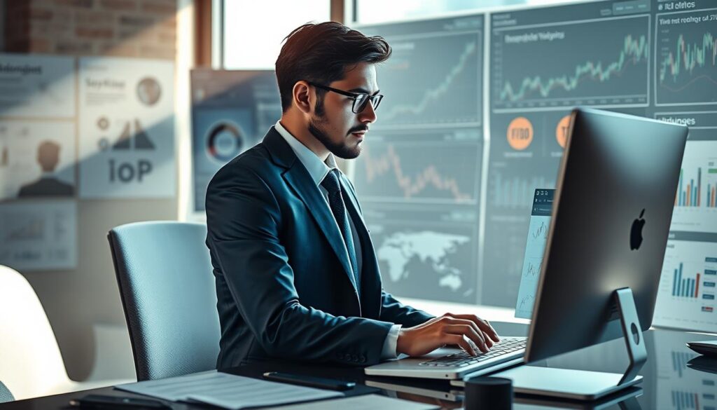 A professional analyst in a sharp suit thoughtfully evaluating the credibility of crypto influencer profiles on a sleek desktop computer, surrounded by charts, graphs, and financial data visualizations illuminated by soft natural light streaming through a large window. The scene conveys an atmosphere of diligent, evidence-based assessment, with the analyst's expression radiating careful consideration as they navigate social media accounts, YouTube channels, and other online presence of leading crypto personalities. A professional analyst in a sharp suit thoughtfully evaluating the credibility of crypto influencer profiles on a sleek desktop computer, surrounded by charts, graphs, and financial data visualizations illuminated by soft natural light streaming through a large window. The scene conveys an atmosphere of diligent, evidence-based assessment, with the analyst's expression radiating careful consideration as they navigate social media accounts, YouTube channels, and other online presence of leading crypto personalities.