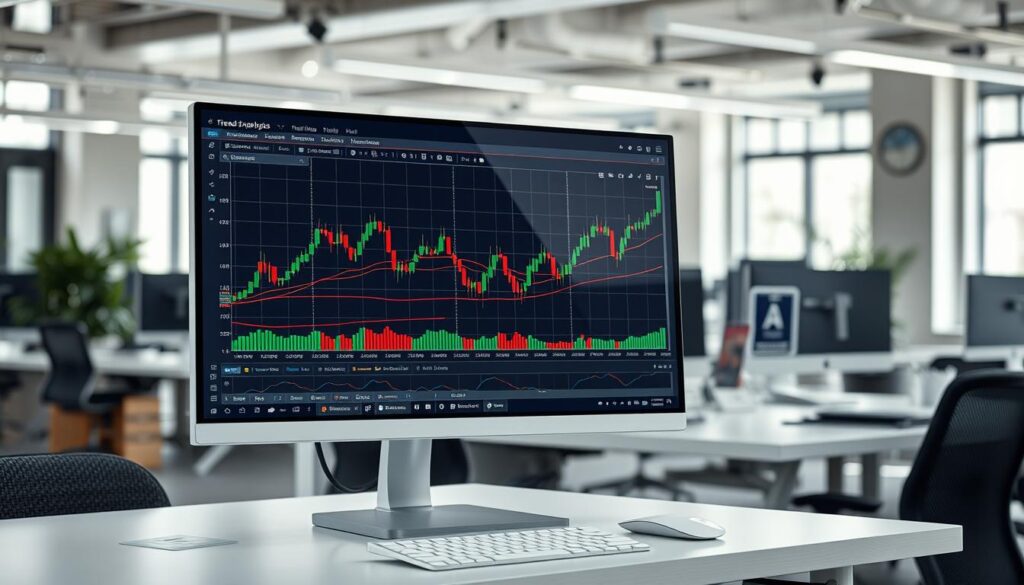 A professional and detailed trend analysis chart, with a clean and modern design. The chart is displayed on a sleek, minimalist computer monitor, set against a well-lit, open-concept office space with natural lighting. The chart features clearly labeled axes, a grid of crisp data lines, and intuitive visual cues such as colored trend lines and moving averages. The overall atmosphere is one of focused productivity, inviting the viewer to delve into the data and make informed trading decisions. A professional and detailed trend analysis chart, with a clean and modern design. The chart is displayed on a sleek, minimalist computer monitor, set against a well-lit, open-concept office space with natural lighting. The chart features clearly labeled axes, a grid of crisp data lines, and intuitive visual cues such as colored trend lines and moving averages. The overall atmosphere is one of focused productivity, inviting the viewer to delve into the data and make informed trading decisions.
