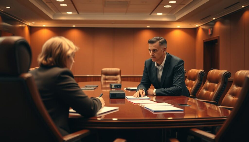A professional board room setting with a large mahogany table surrounded by high-backed leather chairs. On the table, documents and laptops are arranged, suggesting an important meeting in progress. The room is bathed in warm, directional lighting from overhead fixtures, creating a sense of gravitas and seriousness. In the foreground, two individuals, likely executives, are engaged in a focused discussion, their expressions and body language conveying deep consideration of strategic partnerships and advisory board matters. The background is hazy, emphasizing the central figures and the task at hand. Overall, the scene projects an atmosphere of thoughtful deliberation and high-level decision-making.