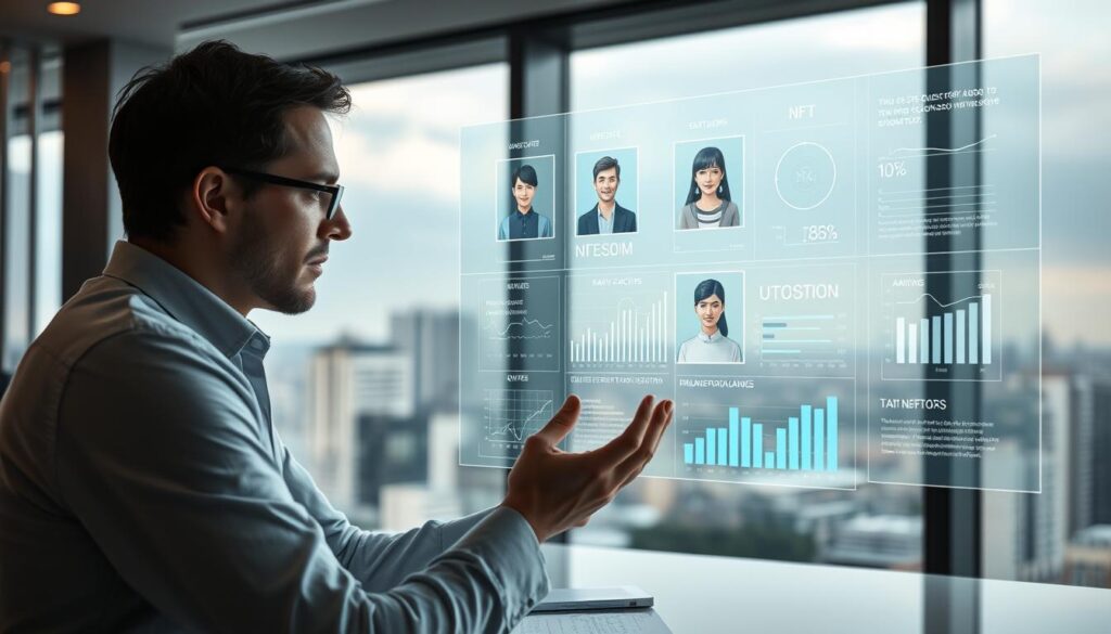 A professional business analyst carefully examining a series of NFT avatars, charts, and data visualizations projected onto a holographic display. The scene is set in a modern, sleek office environment with large windows overlooking a cityscape. Soft, diffused lighting creates a contemplative mood as the analyst meticulously evaluates the rarity factors and potential value of the NFTs. The analysis is presented through clean, minimalist UI elements that provide in-depth insights into the unique properties and traits of the digital assets.