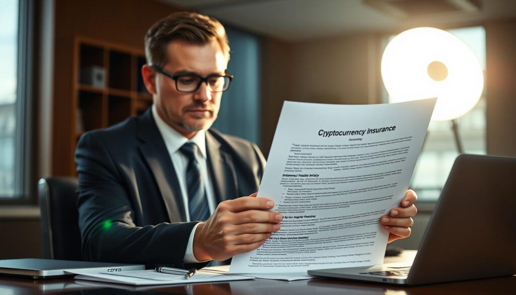 A professional business person in a suit, sitting at a desk, carefully examining a cryptocurrency insurance policy document. The lighting is bright and focused, casting a warm, authoritative glow. The desk is neat and organized, with a laptop, pen, and reading glasses nearby. The background is slightly blurred, emphasizing the subject's concentrated expression as they carefully evaluate the policy terms and coverage options. The overall mood is one of diligence, analysis, and a pursuit of financial security in the digital asset landscape. A professional business person in a suit, sitting at a desk, carefully examining a cryptocurrency insurance policy document. The lighting is bright and focused, casting a warm, authoritative glow. The desk is neat and organized, with a laptop, pen, and reading glasses nearby. The background is slightly blurred, emphasizing the subject's concentrated expression as they carefully evaluate the policy terms and coverage options. The overall mood is one of diligence, analysis, and a pursuit of financial security in the digital asset landscape.