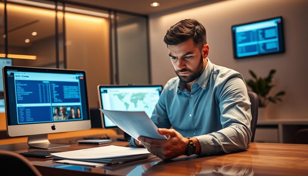 A professional, clean-cut person sitting at a desk, carefully reviewing documents and digital screens displaying customer information. The scene is bathed in a warm, focused light, conveying a sense of diligence and attention to detail. In the background, a sleek, modern office environment with minimalist decor, hinting at the technological sophistication required for enhanced KYC and customer due diligence. The person's expression is one of intense concentration, underscoring the gravity and importance of the task at hand. The overall atmosphere is one of thoughtful, methodical examination, reflecting the rigorous process of verifying customer identities and assessing potential risks.