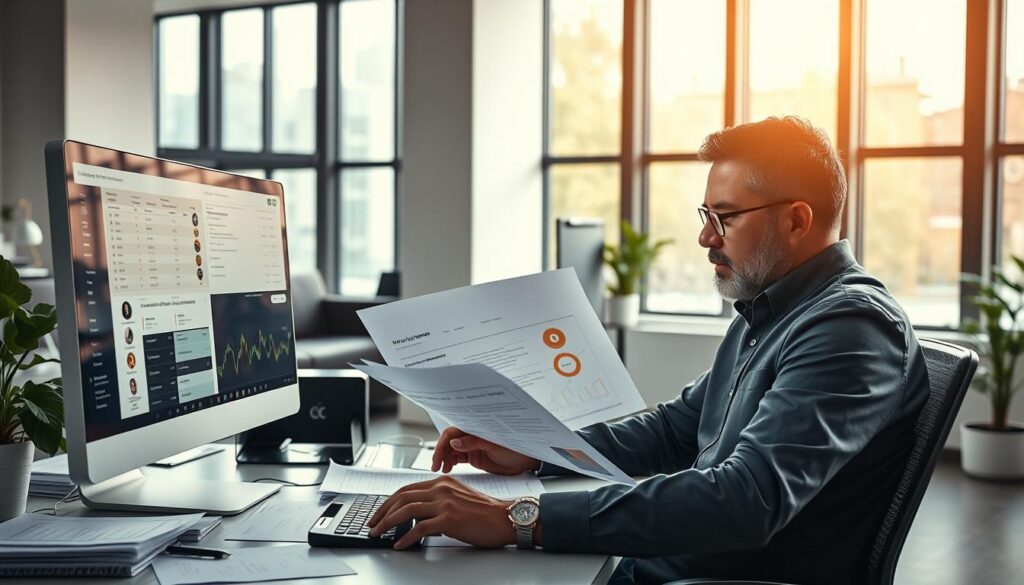 A professional financial analyst meticulously examining a variety of cryptocurrency project documents and data, including whitepaper, roadmap, token metrics, and team profiles. The scene is set in a modern office with large windows, natural lighting, and minimalist decor. The analyst is seated at a desk, focused intently on their computer screen and various printouts, carefully evaluating the projects from multiple angles. The atmosphere conveys a sense of diligence, critical thinking, and a deep understanding of the cryptocurrency ecosystem.