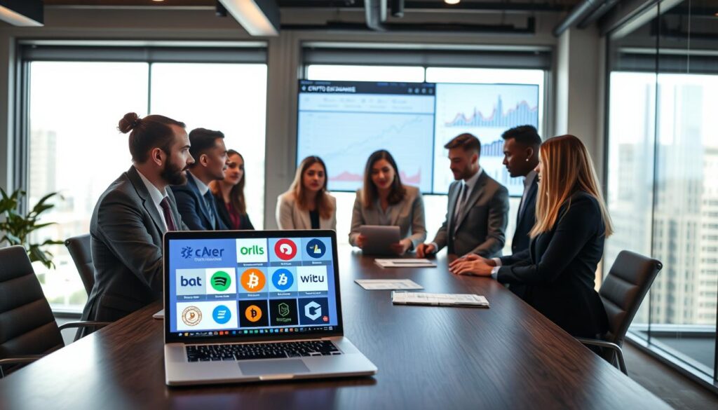 A professional, modern office environment with a diverse group of individuals engaged in a discussion around a large table. In the foreground, a laptop displays various crypto exchange logos, while charts and graphs are visible on a digital screen in the background, showing trends and data analysis. The team members, dressed in smart business attire, appear focused and collaborative, examining the information critically. Soft, natural lighting from large windows illuminates the scene, creating a warm and inviting atmosphere. The perspective is slightly angled from above, giving a comprehensive view of the table and the digital displays, emphasizing the selection and verification process of crypto exchanges for beginners.