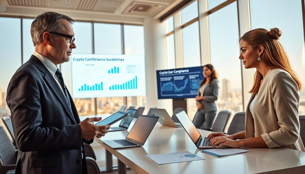 A professional setting showcasing a diverse group of individuals engaged in an exchange of ideas about cryptocurrency. In the foreground, a middle-aged man in a tailored suit, holding a tablet, attentively discusses with a young woman in smart casual attire, her laptop open. The middle ground features a sleek conference table with laptops, charts displaying crypto trends, and a digital screen highlighting compliance guidelines. In the background, large windows reveal a skyline of a modern city, bathed in warm, natural light, creating a bright and optimistic atmosphere. The scene conveys a mood of collaboration, focus, and professionalism, suggesting important U.S. user considerations in crypto staking. Use a wide-angle lens for a clean, professional look.
