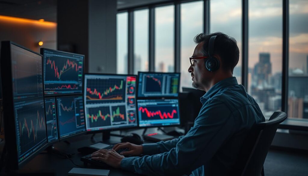 A professional trader carefully analyzes stock charts on multiple monitors, immersed in a dimly lit office. Sophisticated trading software and algorithmic models surround them, hinting at the complexity of their winning strategy. The room has a palpable sense of focus and determination, with subtle warm lighting casting a reflective glow. In the background, a cityscape visible through large windows suggests the global scope of their financial operations. This scene conveys the intellectual rigor, technical expertise, and uncompromising commitment required to develop a successful trading approach.
