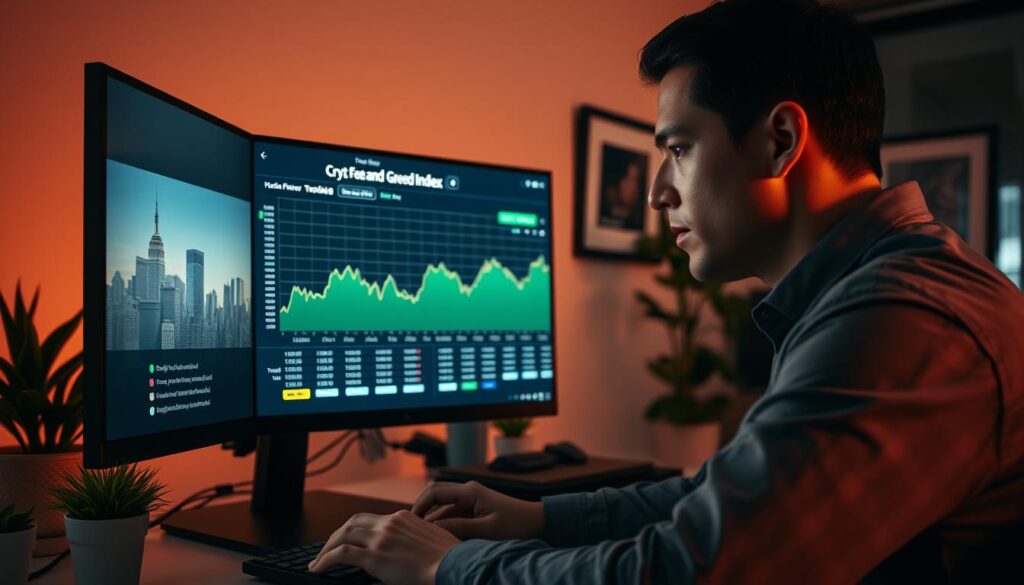 A professional trader examines the Crypto Fear and Greed Index on a large computer monitor, the screen displaying the index's current score and historical trend. Soft, warm lighting illuminates the workspace, creating an atmosphere of thoughtful analysis. The trader's face is in deep concentration, hands poised over the keyboard, ready to make informed decisions based on the insights provided by this crucial trading tool. The background features minimalist office decor, with a few potted plants and a framed cityscape visible through the window, hinting at the bigger financial landscape. The overall tone conveys a sense of focused deliberation, underscoring the index's value as a key resource for navigating the volatile cryptocurrency market.