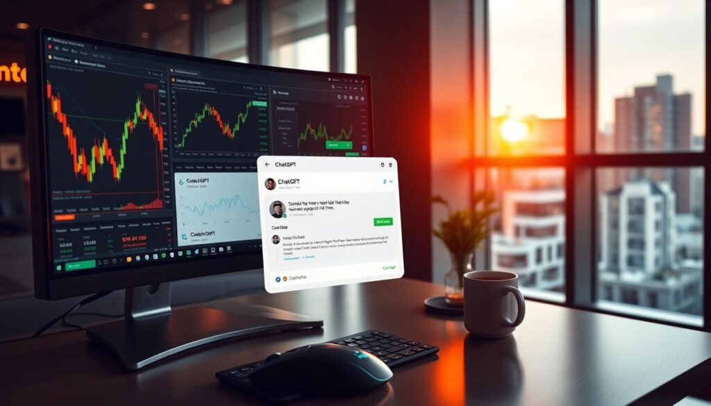 A professional trader's workspace, bathed in the warm glow of a computer screen displaying cryptocurrency charts and analytics. In the foreground, a ChatGPT window is open, its AI assistant ready to offer strategic insights and trading recommendations. The middle ground features a minimalist desk setup with a sleek mouse, keyboard, and a mug of coffee - the tools of the modern crypto trader's craft. The background reveals a cityscape through large windows, hinting at the global, fast-paced nature of the digital asset markets. The overall scene conveys a sense of focus, productivity, and the seamless integration of human and artificial intelligence in the pursuit of profitable crypto trading strategies.
