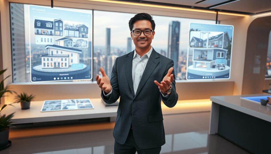 A professional virtual real estate agent stands in a sleek, modern office, surrounded by holographic displays showcasing various properties in a vibrant, futuristic metaverse landscape. The agent, dressed in a crisp, tailored suit, gestures with confidence as they guide potential clients through a virtual tour, their movements seamlessly blending with the immersive digital environment. Soft, indirect lighting accentuates the agent's features, creating a sense of professionalism and authority. The background is a blend of clean lines, high-tech interfaces, and a panoramic view of the metaverse's gleaming skyscrapers, hinting at the vast potential of this new frontier of real estate.