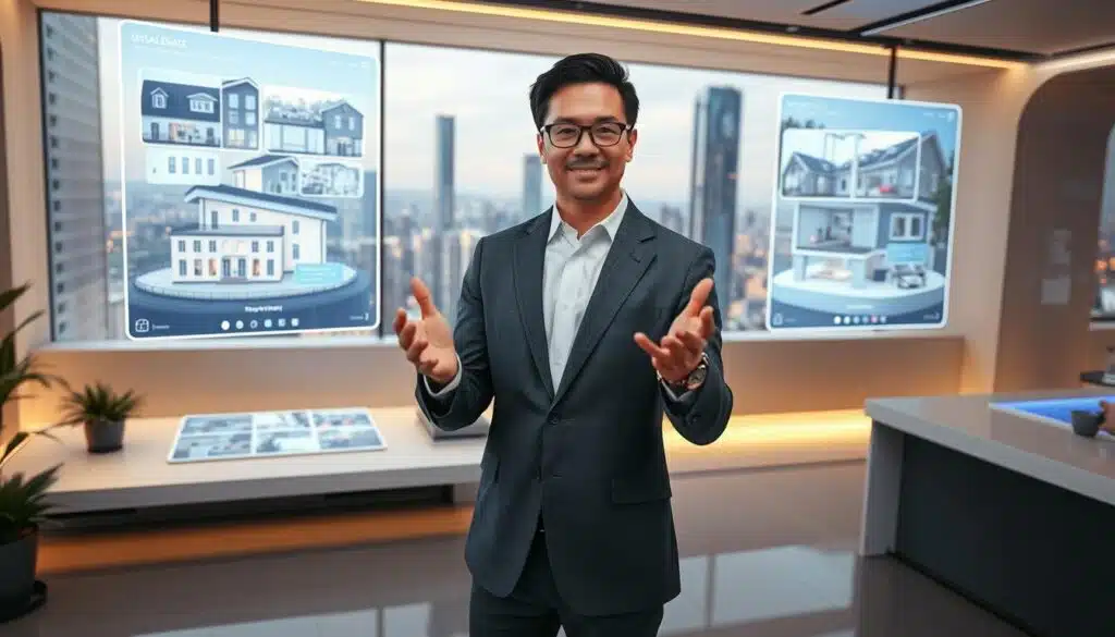 A professional virtual real estate agent stands in a sleek, modern office, surrounded by holographic displays showcasing various properties in a vibrant, futuristic metaverse landscape. The agent, dressed in a crisp, tailored suit, gestures with confidence as they guide potential clients through a virtual tour, their movements seamlessly blending with the immersive digital environment. Soft, indirect lighting accentuates the agent's features, creating a sense of professionalism and authority. The background is a blend of clean lines, high-tech interfaces, and a panoramic view of the metaverse's gleaming skyscrapers, hinting at the vast potential of this new frontier of real estate. A professional virtual real estate agent stands in a sleek, modern office, surrounded by holographic displays showcasing various properties in a vibrant, futuristic metaverse landscape. The agent, dressed in a crisp, tailored suit, gestures with confidence as they guide potential clients through a virtual tour, their movements seamlessly blending with the immersive digital environment. Soft, indirect lighting accentuates the agent's features, creating a sense of professionalism and authority. The background is a blend of clean lines, high-tech interfaces, and a panoramic view of the metaverse's gleaming skyscrapers, hinting at the vast potential of this new frontier of real estate.