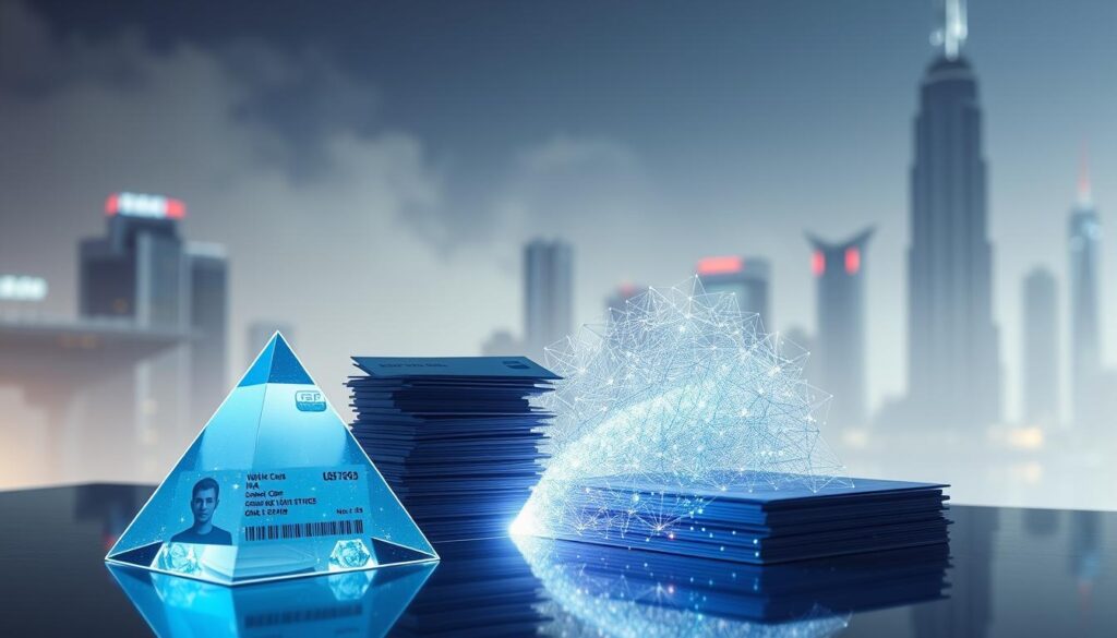 A progression of physical credentials transitioning into secure digital records. A holographic pyramid in the foreground, representing the evolution from tangible cards to immutable blockchain-based credentials. Middle ground features a stack of traditional IDs fading into a shimmering data stream, conveying the shift towards digital identity verification. The background depicts a futuristic cityscape, with high-rise buildings and hazy, atmospheric lighting, suggesting the technological advancement enabling this transformation. Soft, ethereal tones and a sense of movement emphasize the dynamic nature of this evolution. A progression of physical credentials transitioning into secure digital records. A holographic pyramid in the foreground, representing the evolution from tangible cards to immutable blockchain-based credentials. Middle ground features a stack of traditional IDs fading into a shimmering data stream, conveying the shift towards digital identity verification. The background depicts a futuristic cityscape, with high-rise buildings and hazy, atmospheric lighting, suggesting the technological advancement enabling this transformation. Soft, ethereal tones and a sense of movement emphasize the dynamic nature of this evolution.