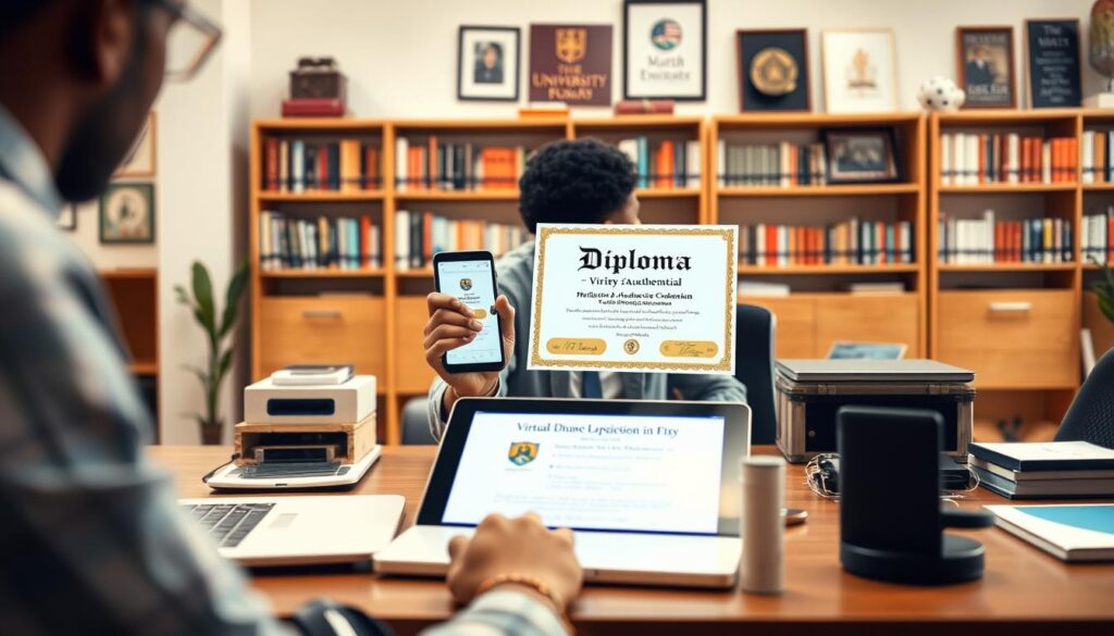 A real-world office setting, with a desk displaying a laptop, tablet, and mobile device. On the laptop screen, a virtual diploma or academic credential is prominently displayed, showcasing its digital nature. The middle ground features a person interacting with the digital credential, verifying its authenticity through a mobile app or online platform. In the background, shelves of books and university memorabilia suggest an educational context. Warm, natural lighting illuminates the scene, conveying a sense of professionalism and credibility. The overall atmosphere highlights the practical integration of digital academic credentials in everyday work and study environments. A real-world office setting, with a desk displaying a laptop, tablet, and mobile device. On the laptop screen, a virtual diploma or academic credential is prominently displayed, showcasing its digital nature. The middle ground features a person interacting with the digital credential, verifying its authenticity through a mobile app or online platform. In the background, shelves of books and university memorabilia suggest an educational context. Warm, natural lighting illuminates the scene, conveying a sense of professionalism and credibility. The overall atmosphere highlights the practical integration of digital academic credentials in everyday work and study environments.