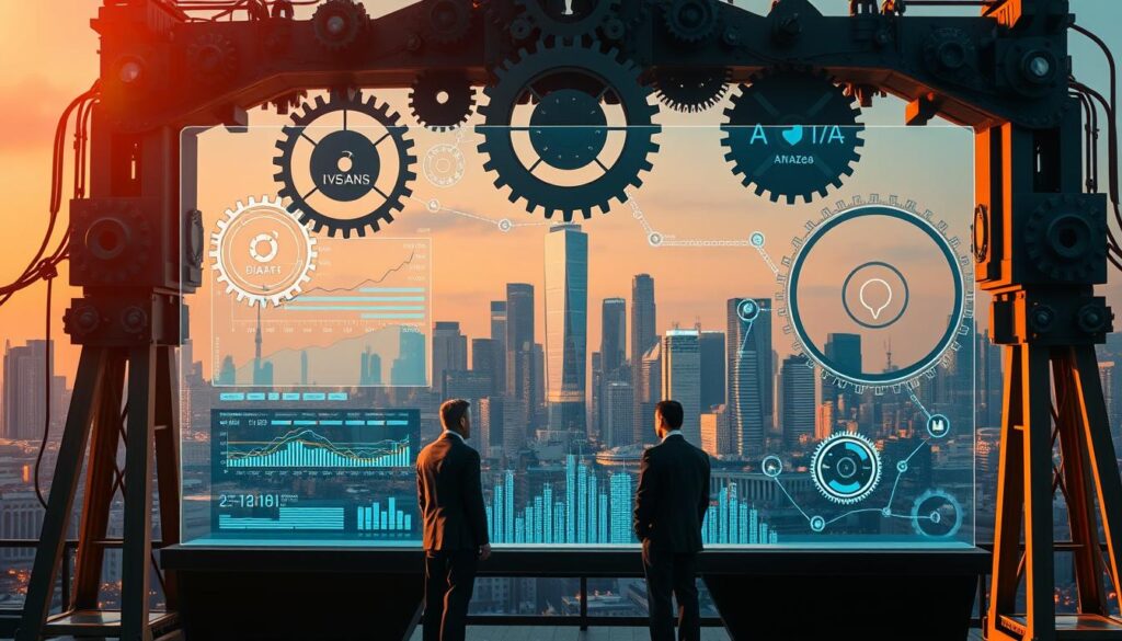 A regulatory framework for energy trading, depicted as a sturdy architectural structure with intricate gears and mechanisms. In the foreground, a holographic display showcases real-time market data and trading activity. The middle ground features officials in formal attire, engaged in discussions and negotiations. The background reveals a cityscape of towering skyscrapers, symbolizing the interconnected global energy landscape. Warm lighting casts an authoritative yet progressive tone, as the scene conveys the complex web of policies, regulations, and technological innovations shaping the future of energy trading.