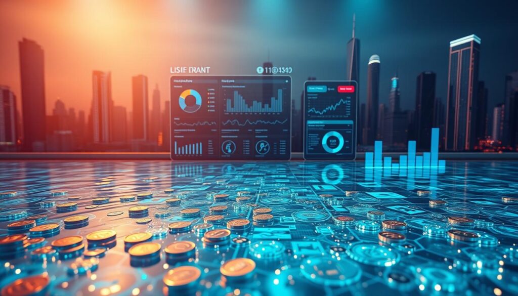 A risk management liquidity pool in a hyper-realistic 3D render. In the foreground, a transparent, shimmering pool of digital tokens and cryptocurrencies, representing the liquidity pool. In the middle ground, a complex data visualization dashboard displays real-time analytics, charts, and metrics related to impermanent loss, slippage, and smart contract security. In the background, a sleek, futuristic cityscape of skyscrapers and holograms, symbolizing the broader crypto ecosystem. Dramatic lighting casts dramatic shadows, creating a sense of depth and drama. The overall mood is one of precision, control, and vigilance over the risks inherent in decentralized finance.