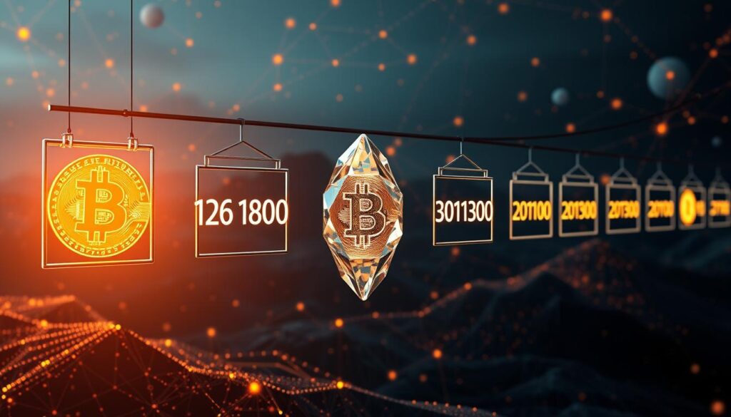 A seamless timeline of Bitcoin's halving events, captured in a dynamic and visually striking composition. The foreground showcases the distinct halving dates, each represented by a glowing, futuristic data point suspended in a sleek, metallic framework. The middle ground features a towering, crystalline Bitcoin symbol, its facets reflecting the vibrant energy of the halving markers. In the background, a captivating landscape of cascading blockchain patterns and digital fractals, bathed in a warm, ambient glow that conveys the profound impact of these pivotal moments in cryptocurrency history.