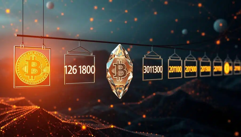 A seamless timeline of Bitcoin's halving events, captured in a dynamic and visually striking composition. The foreground showcases the distinct halving dates, each represented by a glowing, futuristic data point suspended in a sleek, metallic framework. The middle ground features a towering, crystalline Bitcoin symbol, its facets reflecting the vibrant energy of the halving markers. In the background, a captivating landscape of cascading blockchain patterns and digital fractals, bathed in a warm, ambient glow that conveys the profound impact of these pivotal moments in cryptocurrency history.