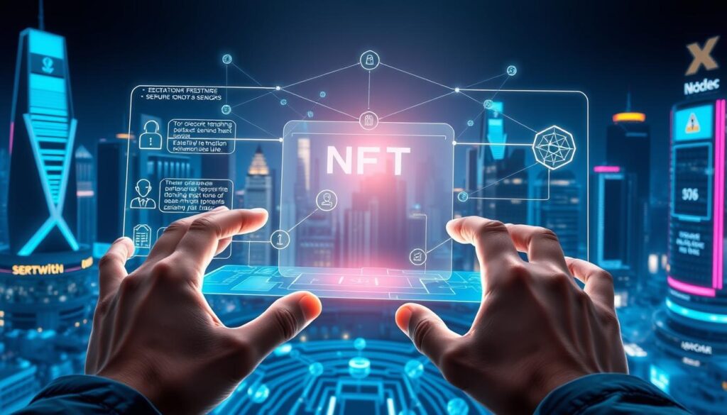 A secure NFT domain registration process depicted in a digital illustration. In the foreground, a user's hands interacting with a sleek, holographic interface, navigating various security checkpoints and authentication steps. In the middle ground, a blockchain network visualization with interconnected nodes and encrypted data flows. In the background, a futuristic cityscape with towering skyscrapers and glowing neon signage, conveying a sense of technological sophistication. The lighting is cool and directional, creating dramatic shadows and highlights. The overall mood is one of technological prowess, data security, and the seamless integration of blockchain technology into everyday life. A secure NFT domain registration process depicted in a digital illustration. In the foreground, a user's hands interacting with a sleek, holographic interface, navigating various security checkpoints and authentication steps. In the middle ground, a blockchain network visualization with interconnected nodes and encrypted data flows. In the background, a futuristic cityscape with towering skyscrapers and glowing neon signage, conveying a sense of technological sophistication. The lighting is cool and directional, creating dramatic shadows and highlights. The overall mood is one of technological prowess, data security, and the seamless integration of blockchain technology into everyday life.